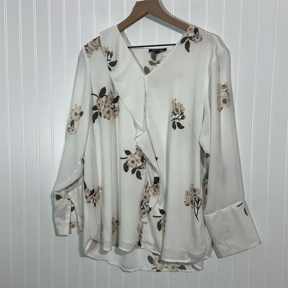 Roz & Ali 2X Blouse White Floral Ruffle Wrap Long Sleeve Top 2X Boho Cottagecore - Picture 1 of 8